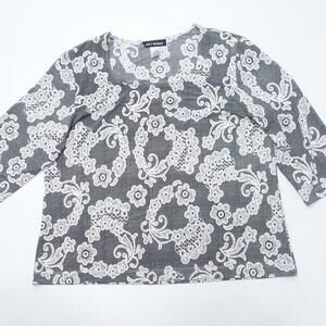 Soft Works Blouse Top Women's XL Black White Floral Stretch 3/4 Sleeve Pullover